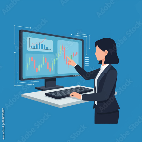 Flat vector illustration of a businesswoman analyzing stock market data on a computer monitor with financial candlestick charts, bar graphs, and trading indicators on a blue background.
