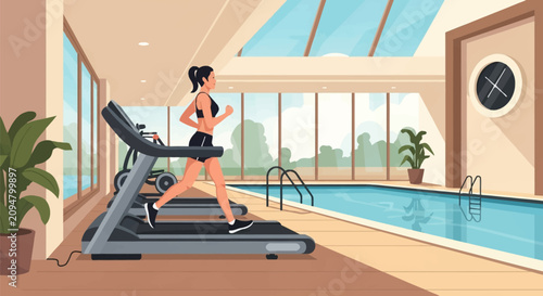 Modern flat vector illustration of a woman in black sportswear running on a treadmill in a luxury indoor gym with a swimming pool, large windows, skylights, and potted plants.