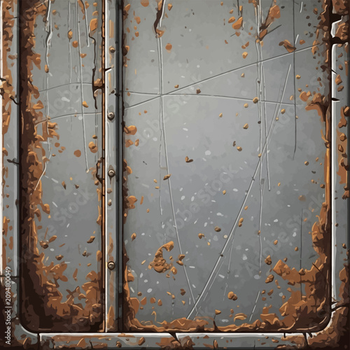 Weathered gray industrial metal panel with heavy orange rust accumulation along the edges, surface scratches, realistic corrosion textures, and vertical riveted steel frame.