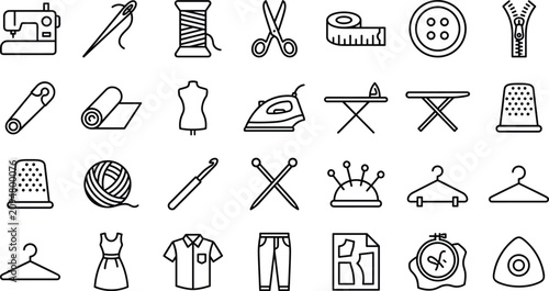Fotografie Sewing line icon set vector tailoring craft elements for handmade fashion dress
