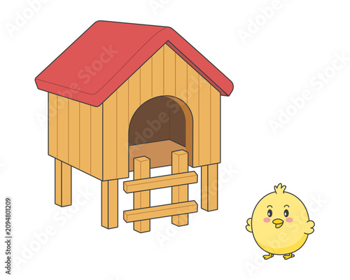 Cute chick, cartoon chicken. Chicken up from the coop. Vector illustration.