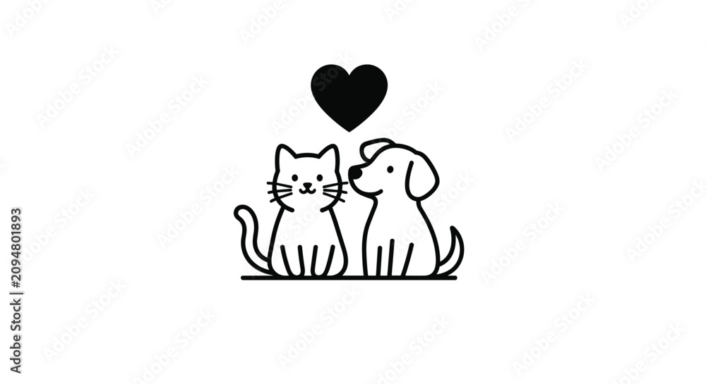Fototapeta premium Minimalist line art illustration of a cat and a dog sitting together peacefully under a simple black heart symbol of friendship.
