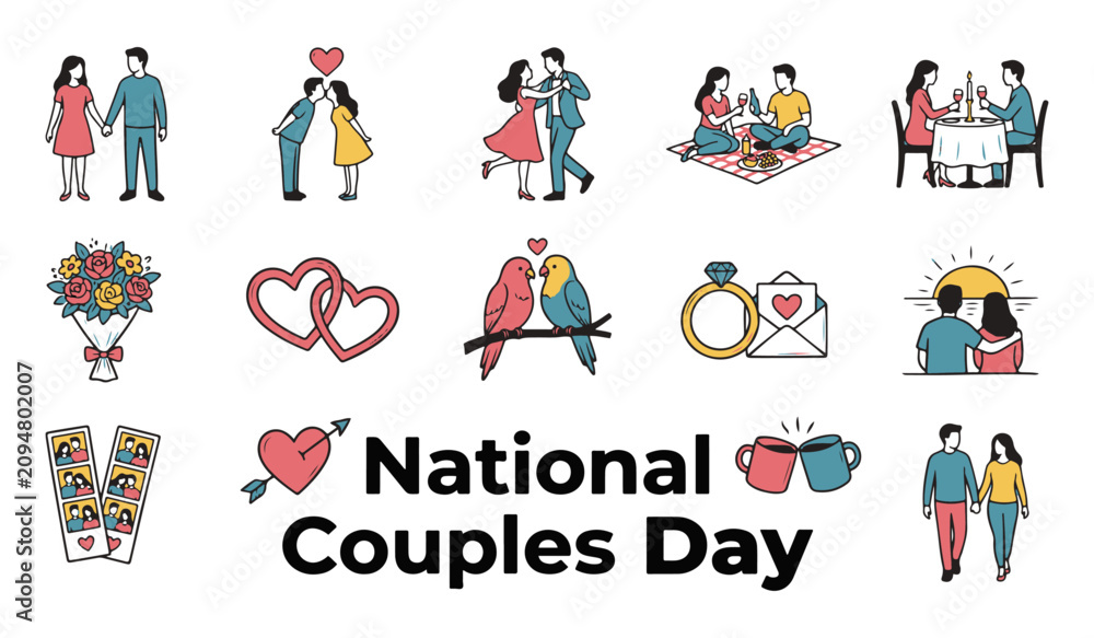 Fototapeta premium National Couples Day Vector Collection of Line Art Icons with Romantic Couples and Love Symbols