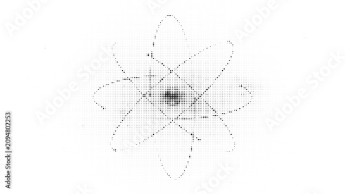 Abstract halftone dot pattern illustration of an atom symbol, representing science, physics, and energy in a modern minimalist style