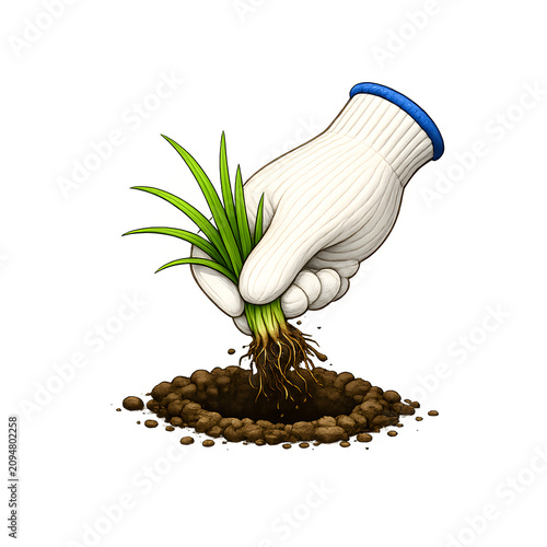 Cute gardening icon of a gloved hand planting a young grass seedling with exposed roots into fertile soil. Isolated illustration symbolizing planting, lawn care, gardening, growth, and nature.