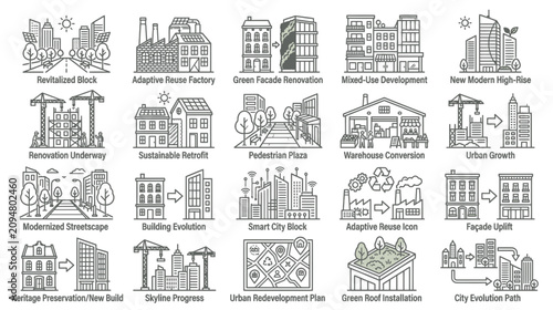 Obraz na plátne Urban Development Concepts: Buildings, Renovation, Growth, Smart City Icons