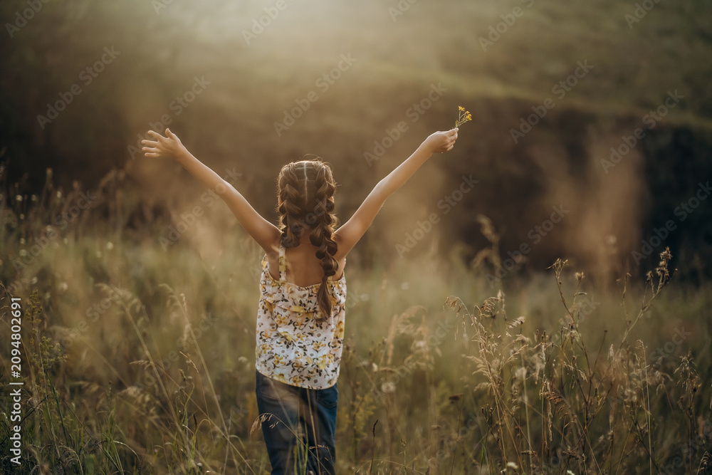 Obraz premium Little girl standing with raised arms in a field at sunset, rear view
