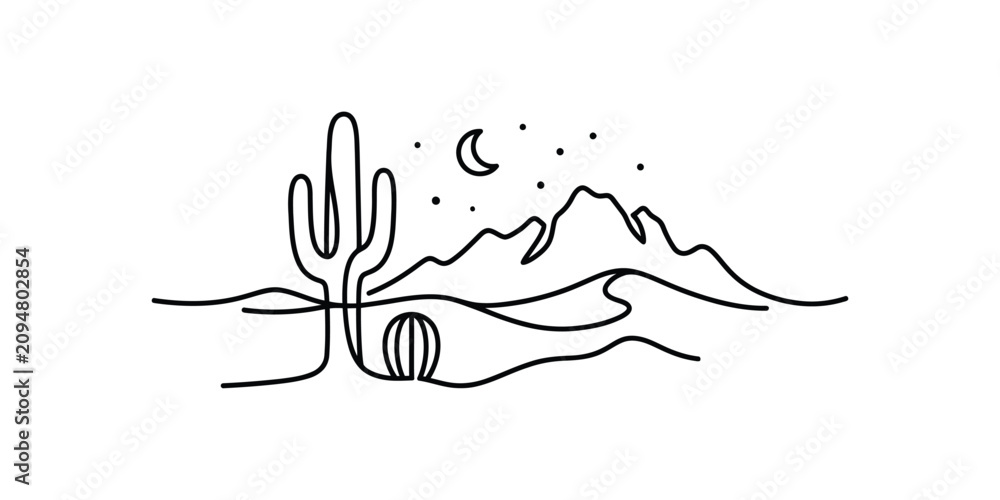 Fototapeta premium Minimalist continuous line art of a desert landscape with cactus and mountains.