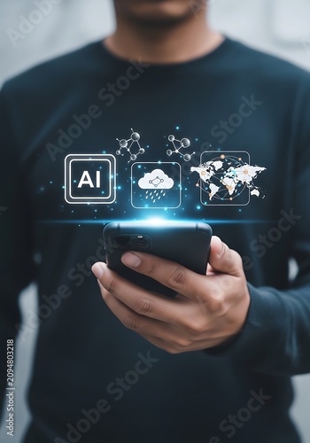 A person holding a smartphone displaying glowing digital representing artificial intelligence, cloud weather data, and a global map connection