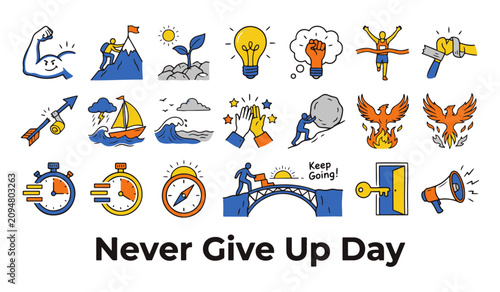 Hand Drawn Doodle Icons Collection for Motivation, Success, and Challenge with 'Never Give Up Day' Text