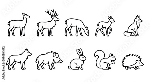 Minimalist forest animal icons set, 10 woodland wildlife line art vectors, modern black outline deer fox wolf and squirrel illustrations for branding