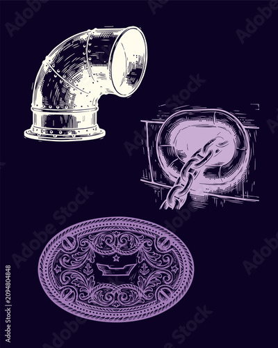 Tableau sur toile maritime ship hardware set woodcut, classic vintage nautical cowl vent hawsepipe