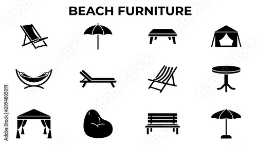 Beach Furniture Icon Set. Seaside Outdoor Furniture Summer Resort Black Glyph Icons
