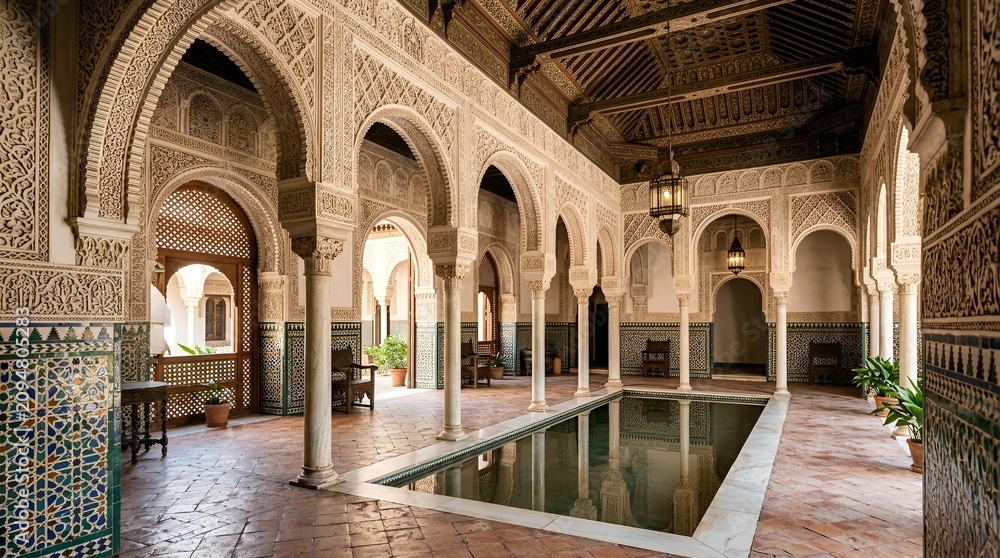 Fototapeta premium Ornate Moorish architecture with courtyard pool, intricate stucco and tilework
