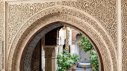 Ornate Islamic Archway: Intricate Geometric Carving & Arabic Calligraphy Architecture