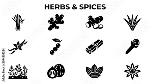 Herbs and Spices Icon Set. Culinary Herbs Seasoning Plants Black Glyph Icons