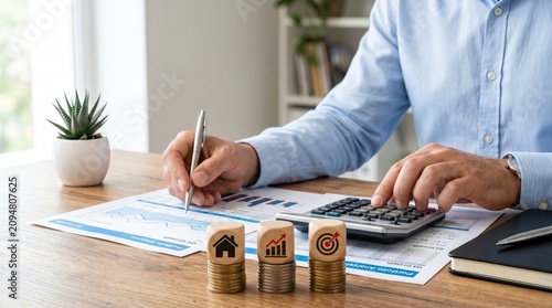 Financial planning concept with calculator, documents, pen and wooden blocks with house and growth icons on coins stack.