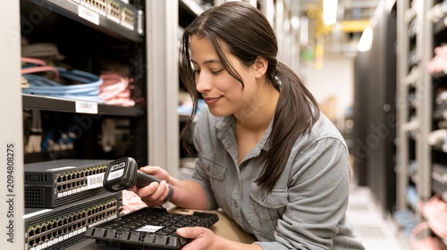 IT Asset Clerk Scanning Barcode on Spare Network Switch in Server Room