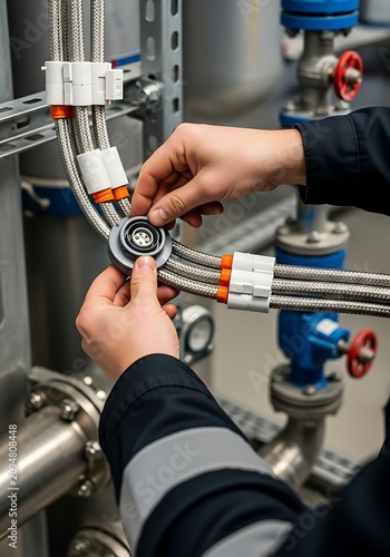 An industrial technician in a dark uniform is connecting a circular electrical cable component to braided metal hoses in a factory setting