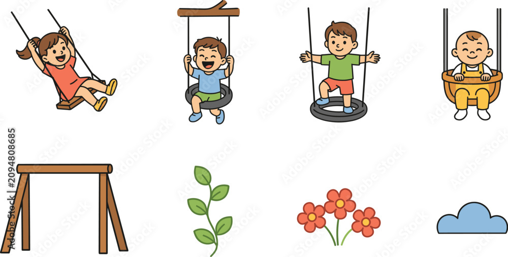 Fototapeta premium Children Playing on Swings Vector Set with Cute Toddler Baby and Kids on Tire Swings Flowers and Playground Elements for Preschool Graphic Designs