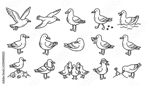 Konstfotografi Cute Seagull Doodle Sticker Collection with Flying Standing and Ocean Wave Bird