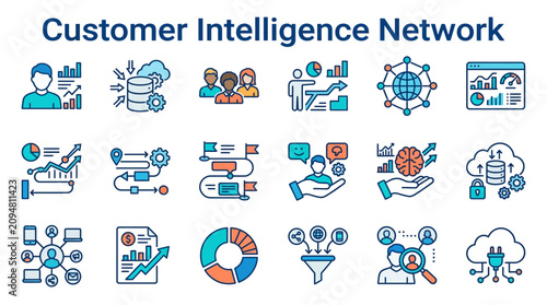 Customer Intelligence Network Icons: Data Analysis, CRM, Strategy & Cloud Concepts