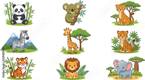 Canvas Print Cute Jungle and Safari Animals Vector Set with Lion, Panda, Giraffe, and Elephan