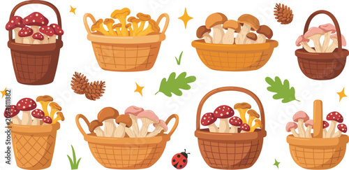 Cuadro en lienzo Autumn Forest Mushroom Basket Set with Edible Porcini, Chanterelles, and Amanita