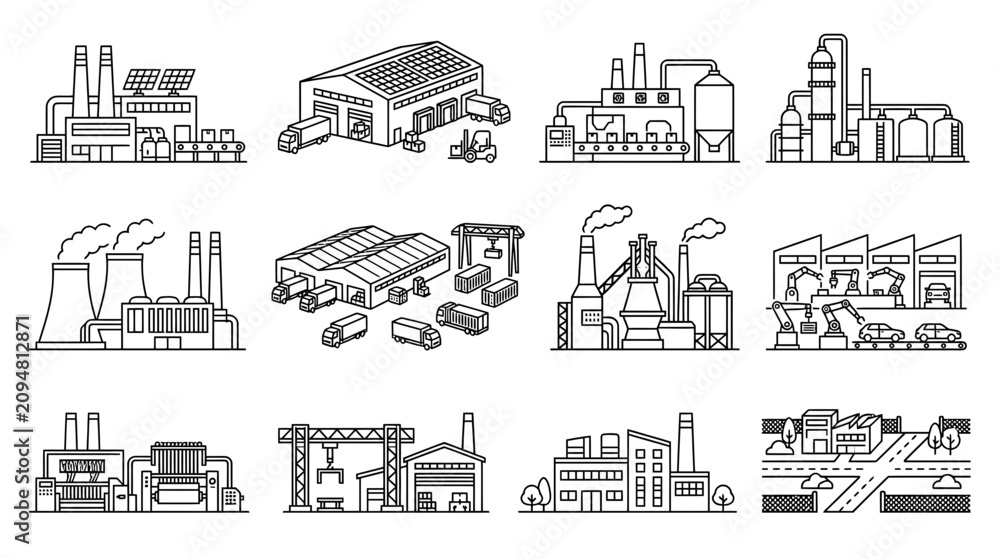 Obraz premium Industrial Factory Building Icons Set - Line Art Vector Illustrations