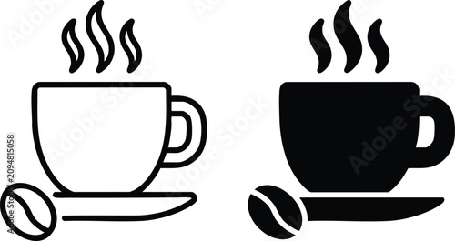 Canvastavla Hot steamy coffee cup icons with beans representing morning caffeine drink and c