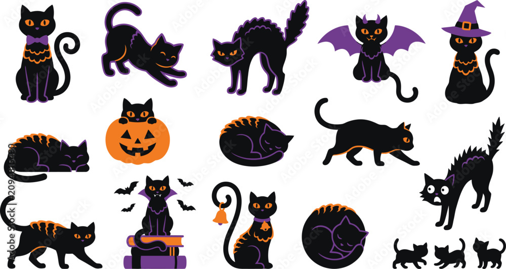 Obraz premium Halloween Cat Silhouette Collection, Black Cat Vector Illustration Set