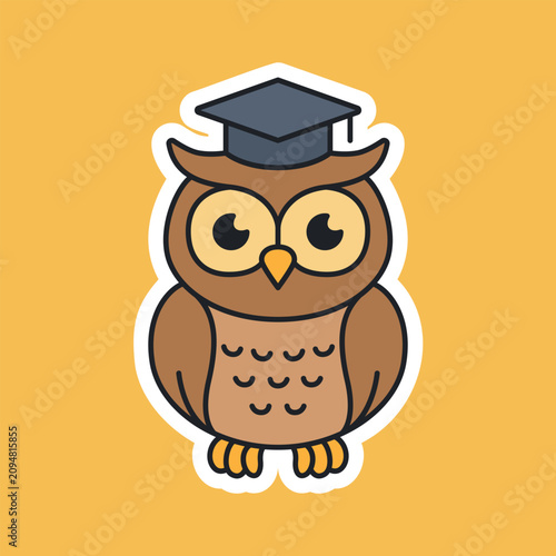 Wise Owl with Graduation Cap Cartoon Sticker Vector