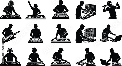 Bild auf Leinwand Set of black silhouettes featuring disc jockeys and music producers performing w