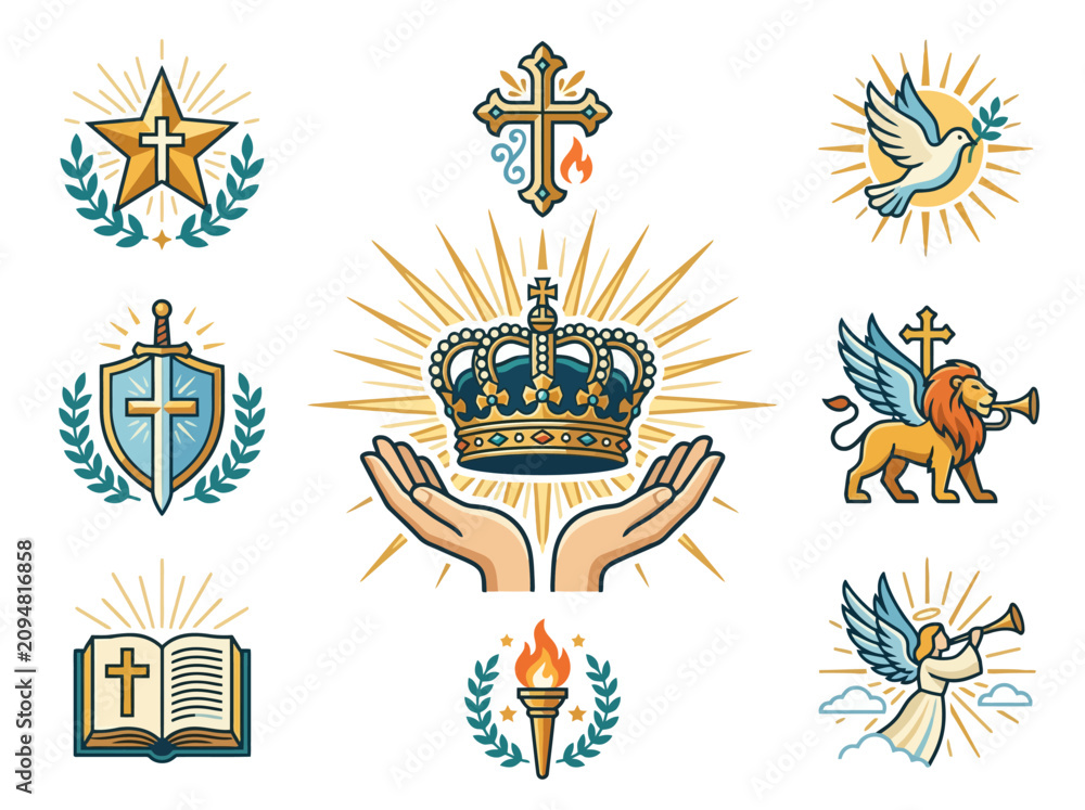 Obraz premium Collection of Christian religious symbols and icons featuring crown cross and angel.