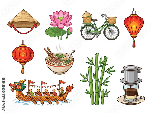 Hand drawn collection of traditional Vietnamese cultural symbols and icons.