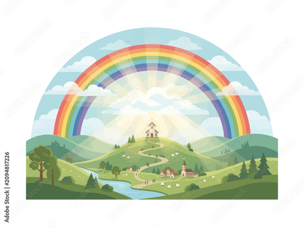 Obraz premium A vibrant rainbow arches over a peaceful green landscape with a small church on a hill.