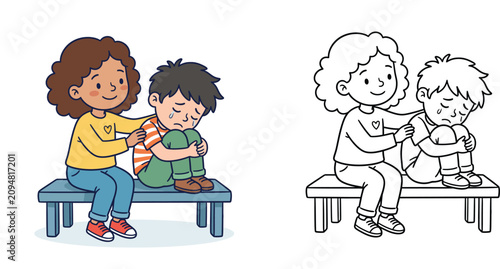 Cartoon girl comforting a crying sad boy on a bench