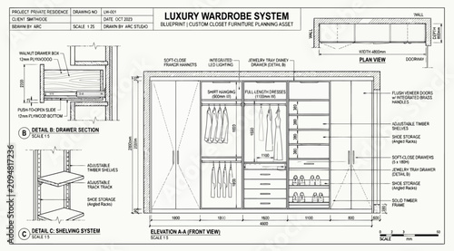 Foto Technical drawing of a luxury wardrobe system with elevation, plan view, and con