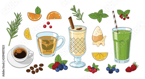 Schilderij op canvas Selection of refreshing beverages and healthy ingredients with garnishes for parties and celebrations