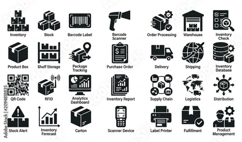 Modern Inventory Management Glyph Icon Set with Barcode Stock Warehouse and Order Symbols.