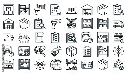 Inventory Management Outline Icon Collection with Stock Scanning Order and Barcode Label Symbols.