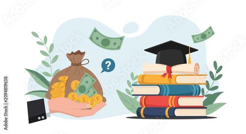 Hand holds a large bag of money next to a stack of books topped with a graduation cap symbolizing the high cost of education and funding.