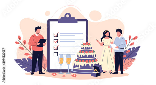 Wedding planners and a happy couple review a large checklist with a tiered cake and champagne for an upcoming ceremony event.
