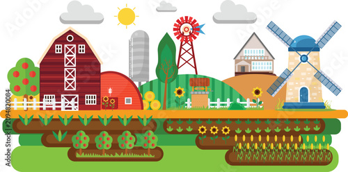Bild auf Leinwand Picturesque Countryside Farm Flat Vector Illustration of Red Barn, Farmhouse, Wi