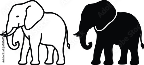 Cuadro en lienzo Simple graphic illustration featuring two majestic elephants one as an outline a