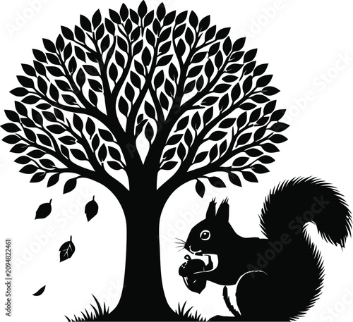 Black and white squirrel eating under a tree