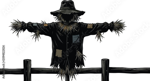Scarecrow standing behind a rustic wooden fence