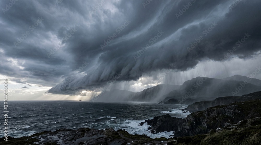 Obraz premium Dramatic storm clouds over ocean waves