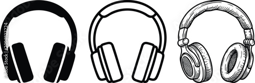 Three distinct styles of music headphones icon set offering diverse visual designs for audio projects