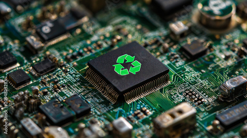 A close-up view of a computer circuit board shows a recycle symbol on a processor. This highlights the need to recycle electronics.